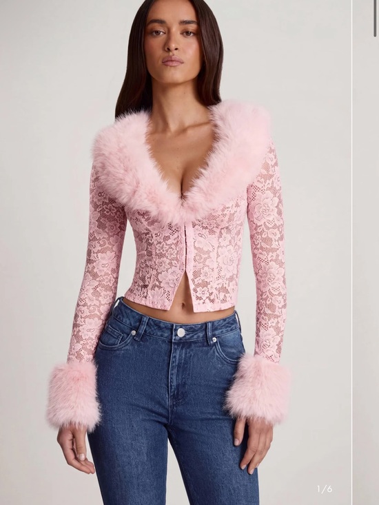 Oh Polly Tops - Oh Polly Pink Lace Fur Trim Long Sleeve Top